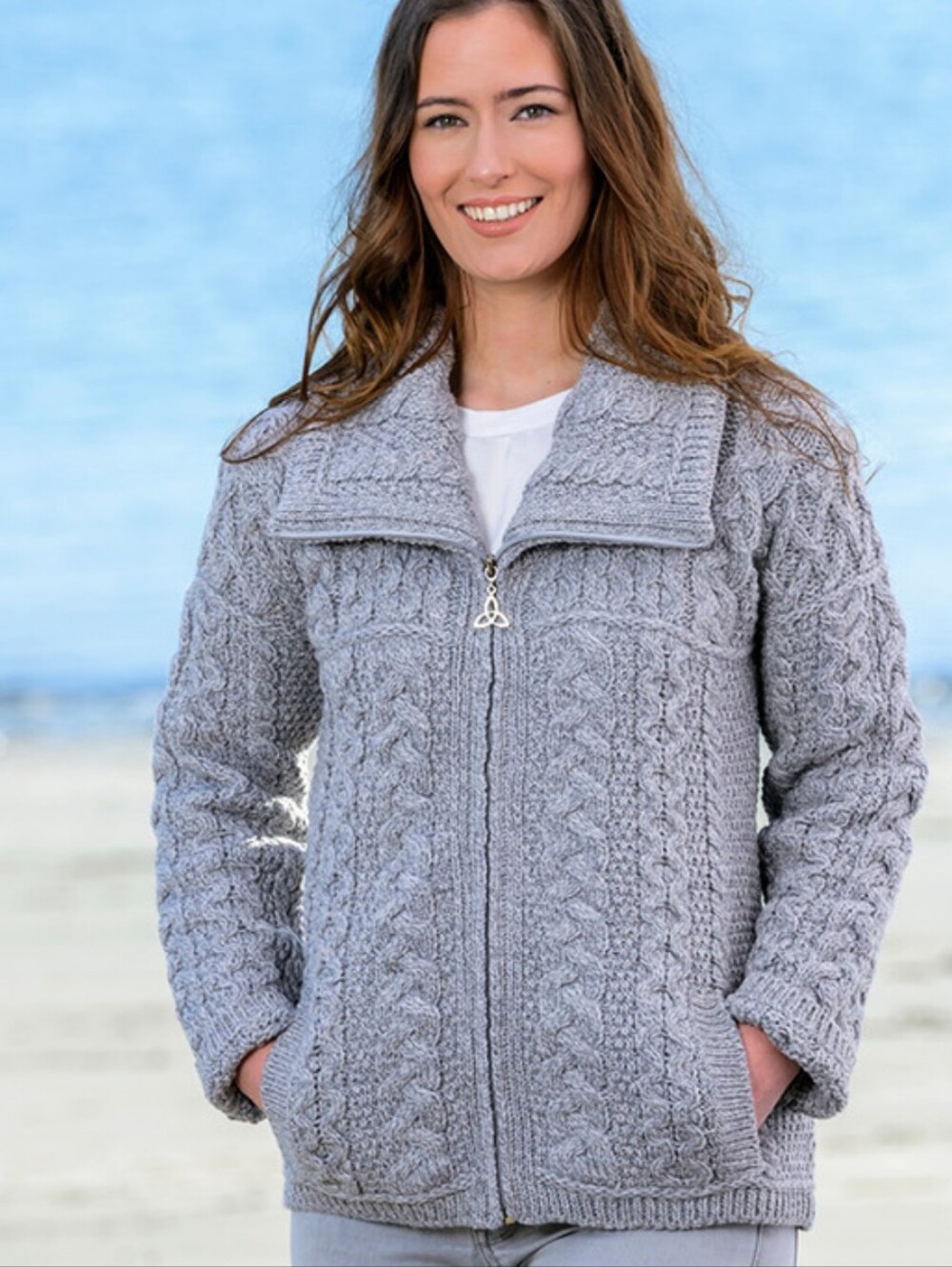 Aran Crafts Irish Wool Chunky Knit Zip Fisherman's Cardigan Jacket  Sz XL Cozy